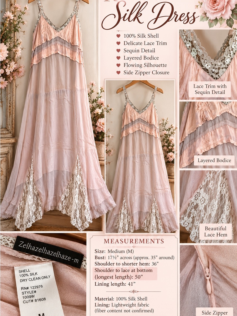 Blush Silk Lace Slip Dress Med